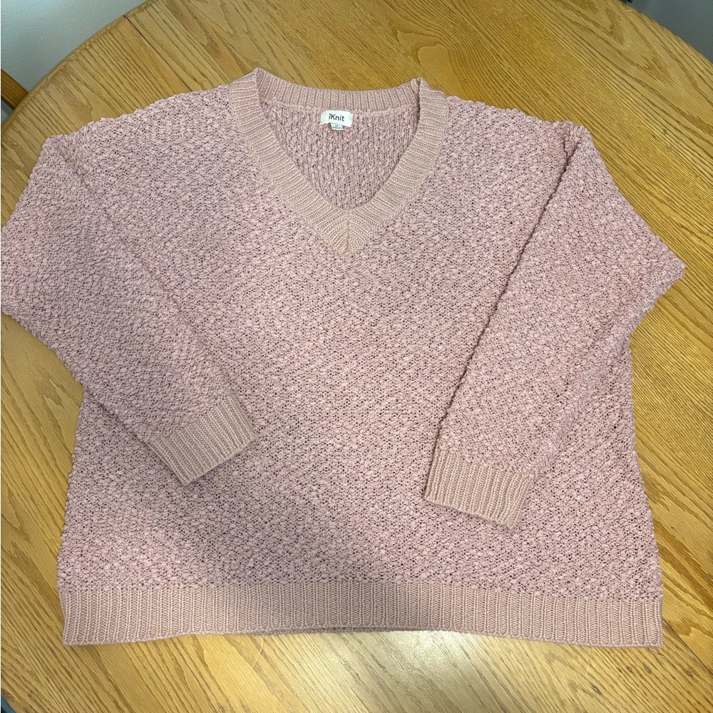 iKnit Women's 3XL Plus Sized Open Knot Textured V-Neck Sweater